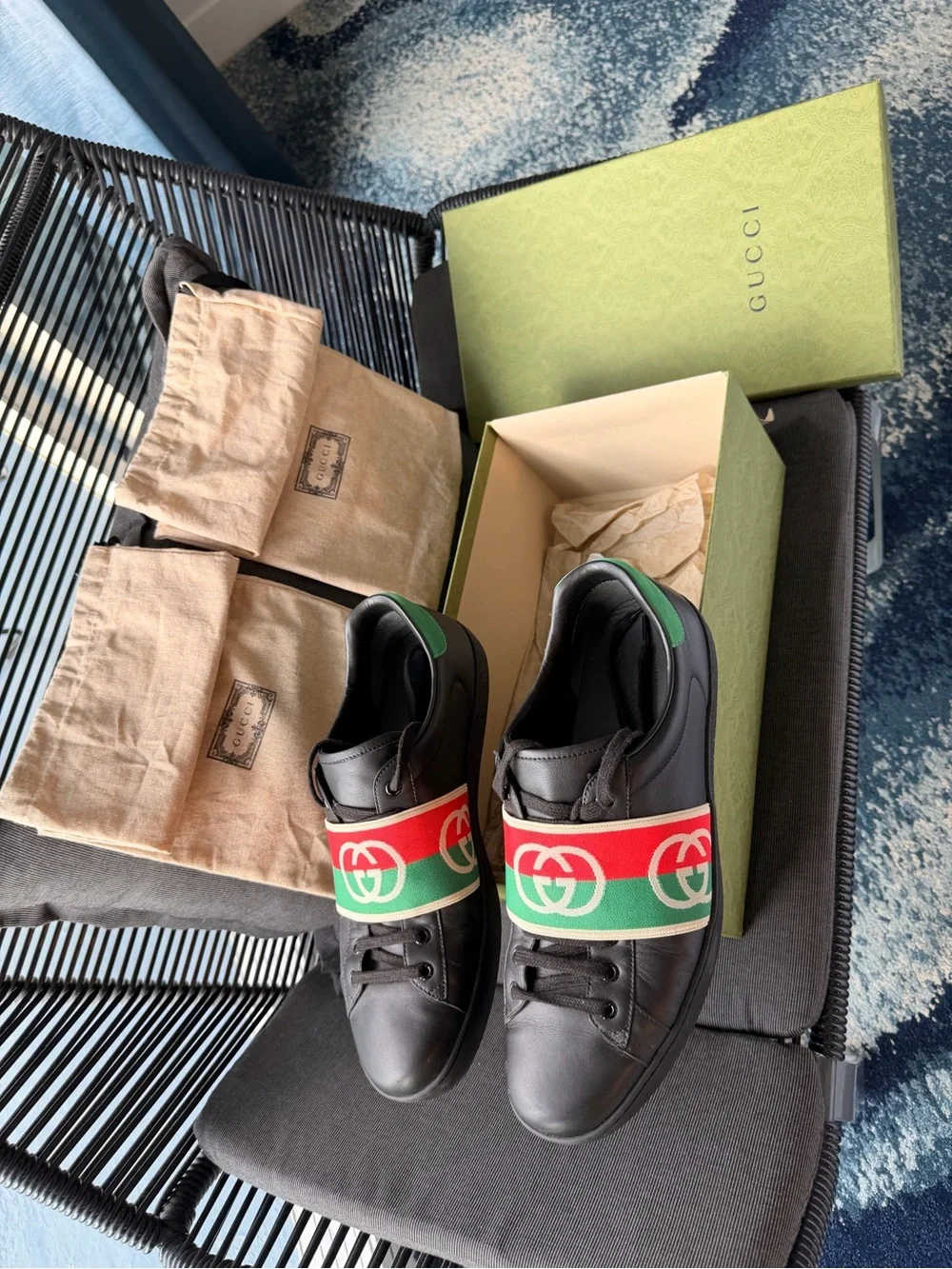Gucci Kids Black Leather Sneakers with Red & Green Stripe